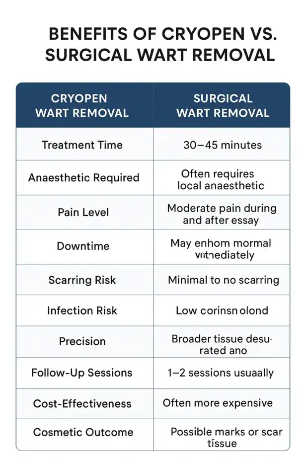 Table showing the benefits of cryopen to remove warts Aylesbury compared to surgical treatment